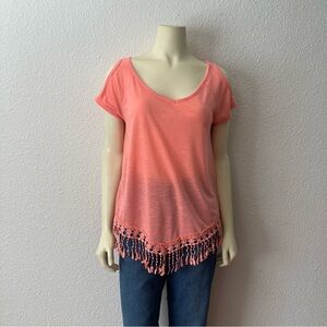 Almost Famous Short Sleeve Top V Neck Cold Shoulder Cutouts Crochet Trim